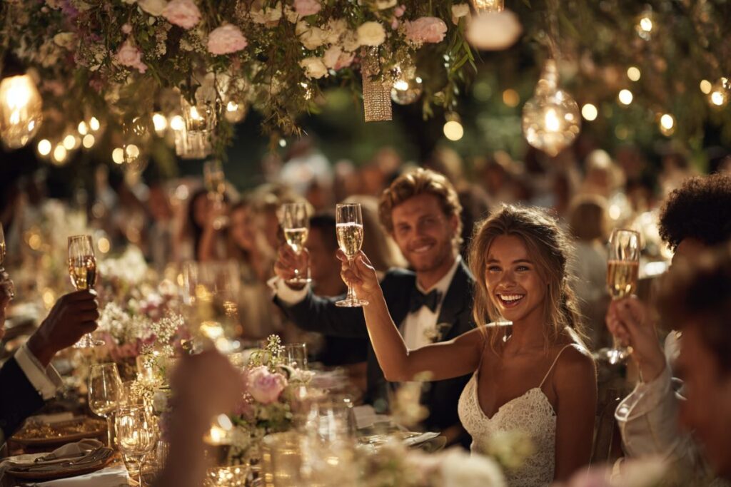 repas mariage cérémonie mariée leve son vert chic élégant décoration chère