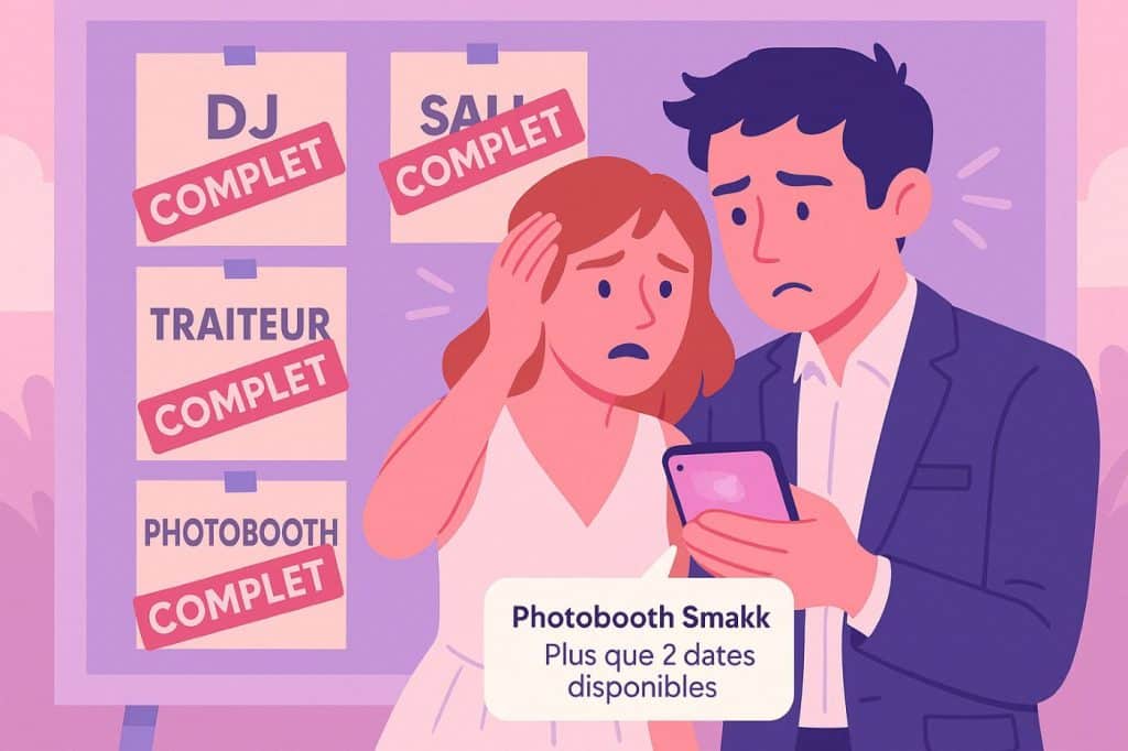 Illustration d’un couple débordé devant un panneau affichant “complet” pour DJ, salle, traiteur et photobooth, avec un téléphone indiquant “Photobooth Smakk – Plus que 2 dates disponibles”