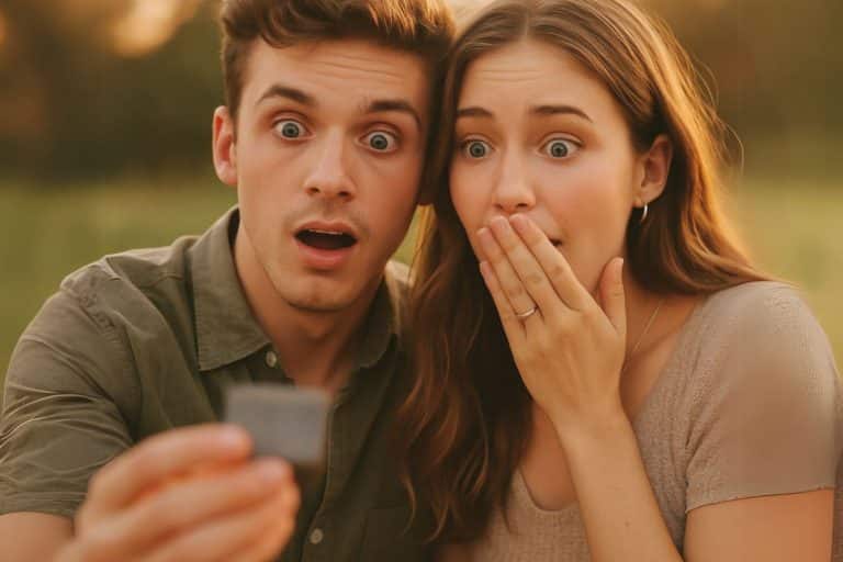 Jeune couple surpris en gros plan, regardant un objet flou avec émotion et étonnement, dans une lumière dorée en extérieur
