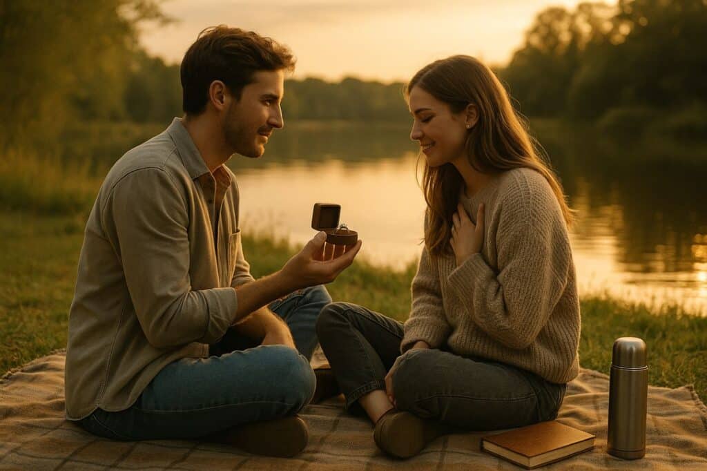 homme demande sa femme en mariage lac bord de l'eau bague discrètement gen z jeune