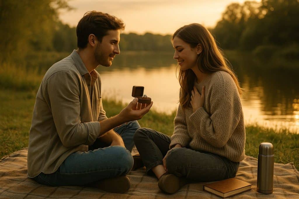 Demande en mariage discrète au bord d’un lac au coucher du soleil, couple assis sur un plaid dans une ambiance intime et naturelle