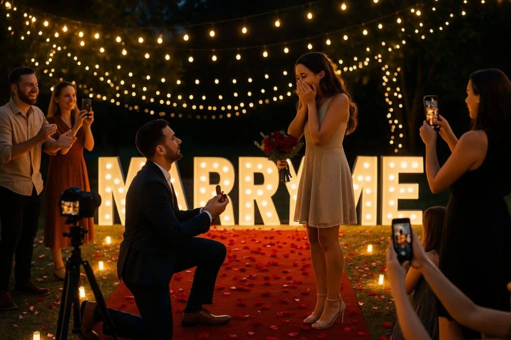 Demande en mariage spectaculaire en extérieur avec lettres MARRY ME illuminées, tapis rouge, guirlandes lumineuses et invités filmant la scène