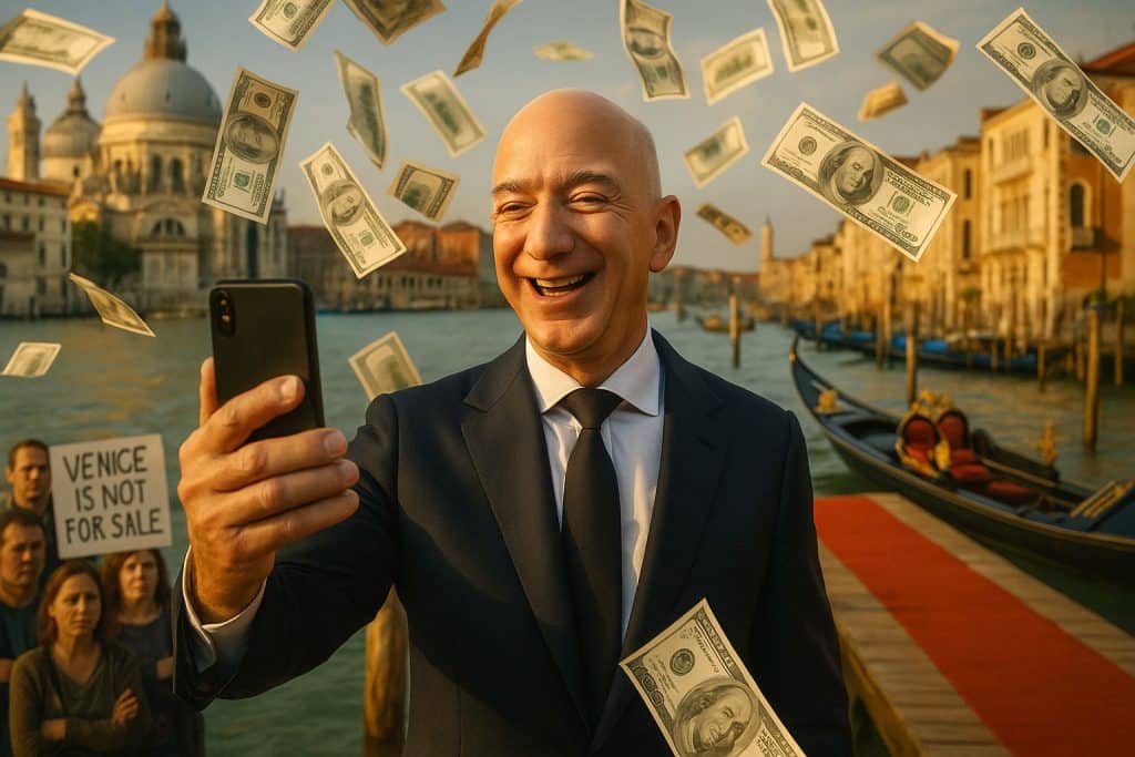 Jeff Bezos prenant un selfie à Venise sous une pluie de billets, avec des habitants en colère en arrière-plan et une gondole luxueuse sur tapis rouge