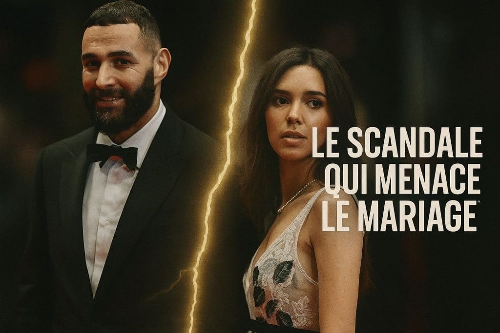 Karim Benzema et Lyna Khoudri séparés par une fissure lumineuse, illustrant le scandale qui menace leur mariage
