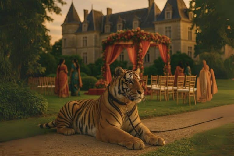 Tigre en laisse posé dans les jardins d’un château en Dordogne, devant une arche de mariage indien luxueuse décorée de fleurs, au coucher du soleil