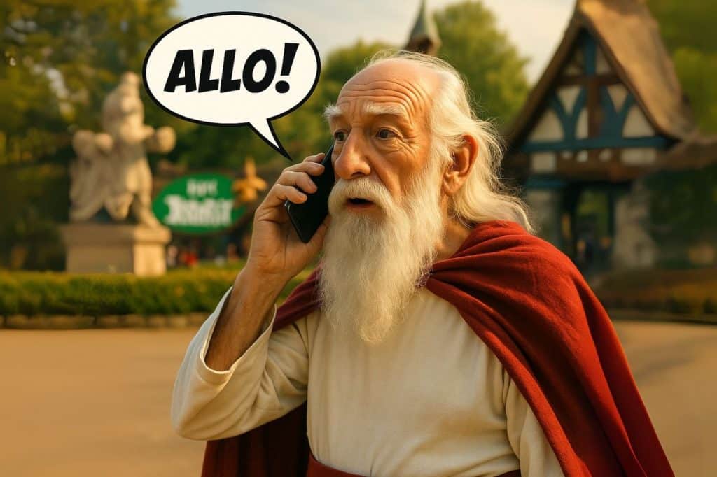 Gros plan photo-réaliste de Panoramix téléphonant, bulle BD "ALLO!", Parc Astérix flouté en arrière-plan