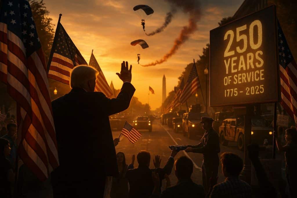 Une scène dramatique au coucher du soleil à Washington, avec des drapeaux américains, des parachutistes en descente, une silhouette floue de Donald Trump bras levés, et une bannière “250 Years of Service” en arrière-plan, suggérant une mise en scène patriotique à double lecture.