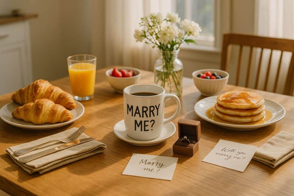 Petit-déjeuner romantique avec mug Marry Me, bague de fiançailles et carte manuscrite, dans une ambiance douce et matinale croissant pancakes sirop d'érable jus