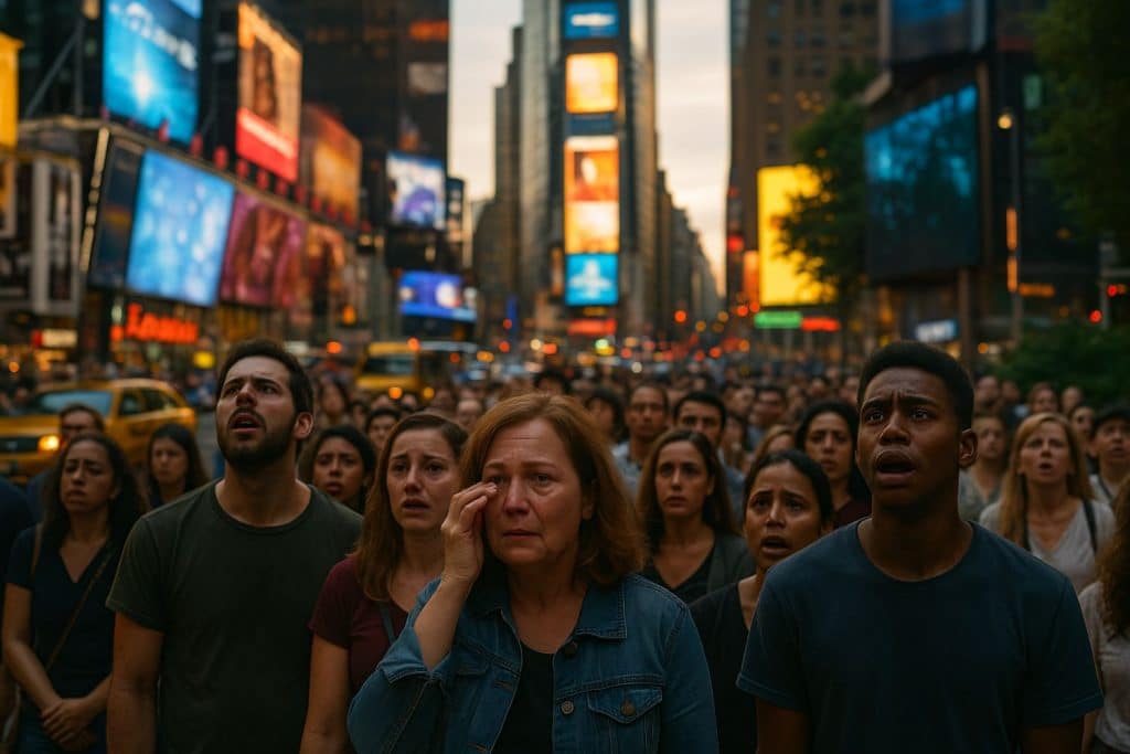 Foule émue à Times Square réagissant à une mystérieuse installation visuelle hors-champ new york