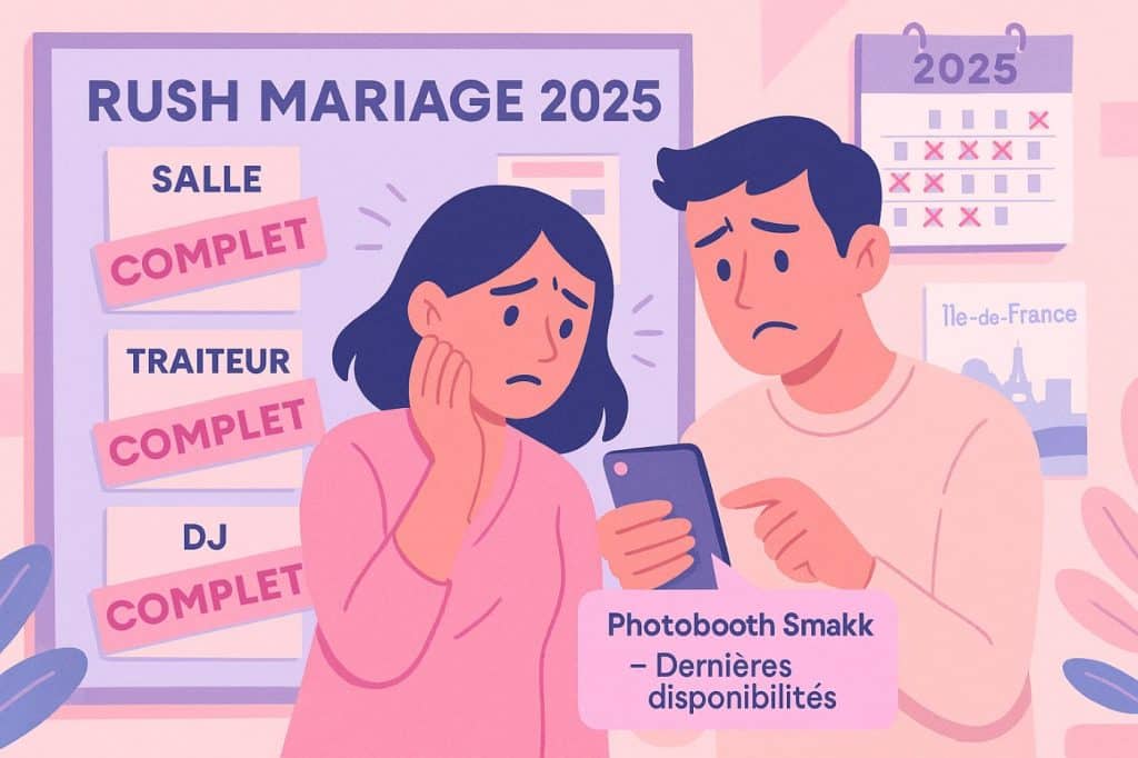 Couple stressé devant un tableau de prestataires complets pour leur mariage en 2025, avec alerte sur les dernières disponibilités Photobooth Smakk