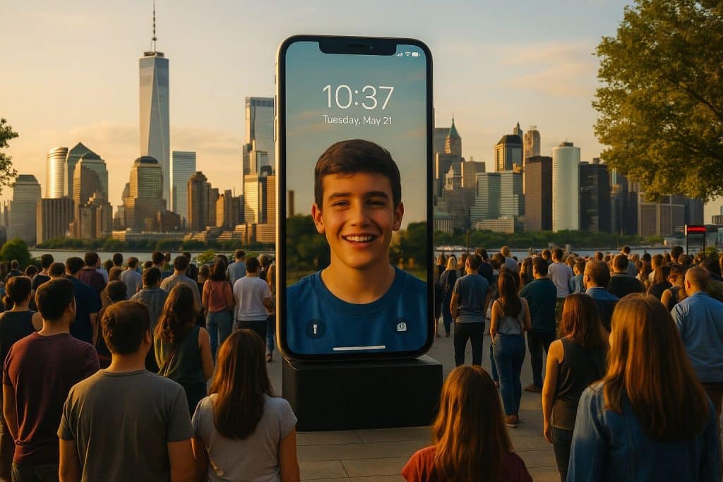 Foule rassemblée à New York face à un smartphone géant affichant un adolescent souriant et l’heure 10:37 sur fond de skyline