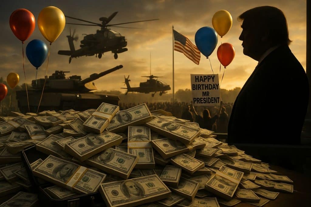 Une pile massive de billets de 100 dollars au premier plan, avec chars, hélicoptères Apache, ballons d'anniversaire et un panneau “Happy Birthday Mr. President” dans une ambiance de parade militaire controversée.