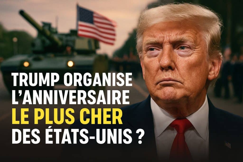 Une image intrigante représentant Donald Trump de dos face à une parade militaire floutée, sur fond de drapeaux américains et de lumière dorée, créant une atmosphère mystérieuse et solennelle.