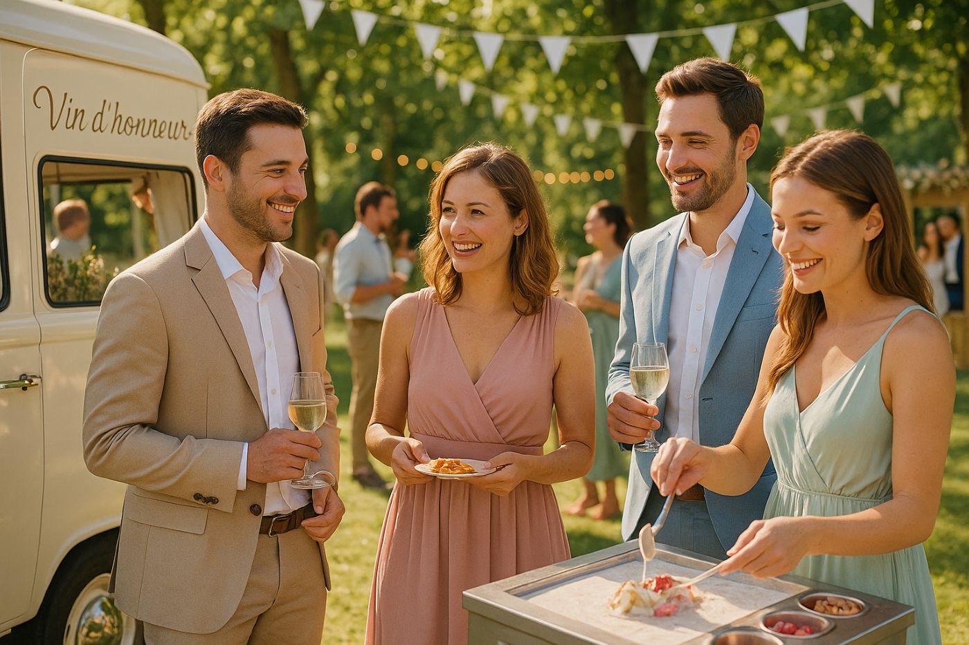 Vin dâhonneur en extĂ©rieur lors dâun mariage dâĂ©tĂ© avec food truck, bar Ă glace, invitĂ©s en tenues pastel