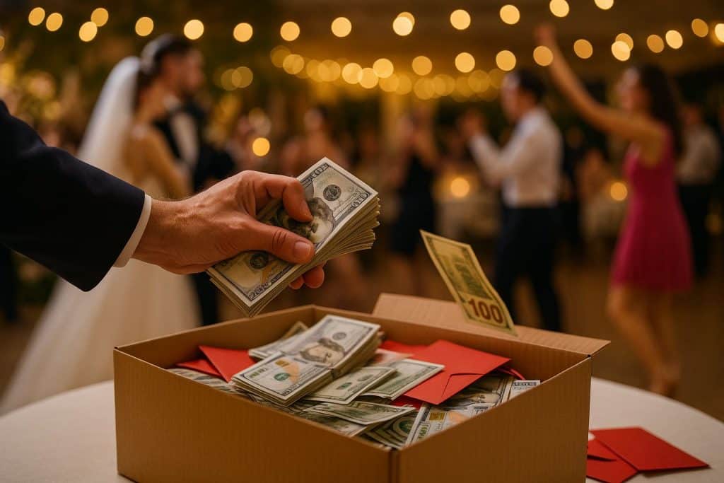 Main d’un homme prenant une liasse de billets au-dessus d’un carton rempli d’enveloppes rouges lors d’un mariage, invités et mariés dansant flous en arrière-plan