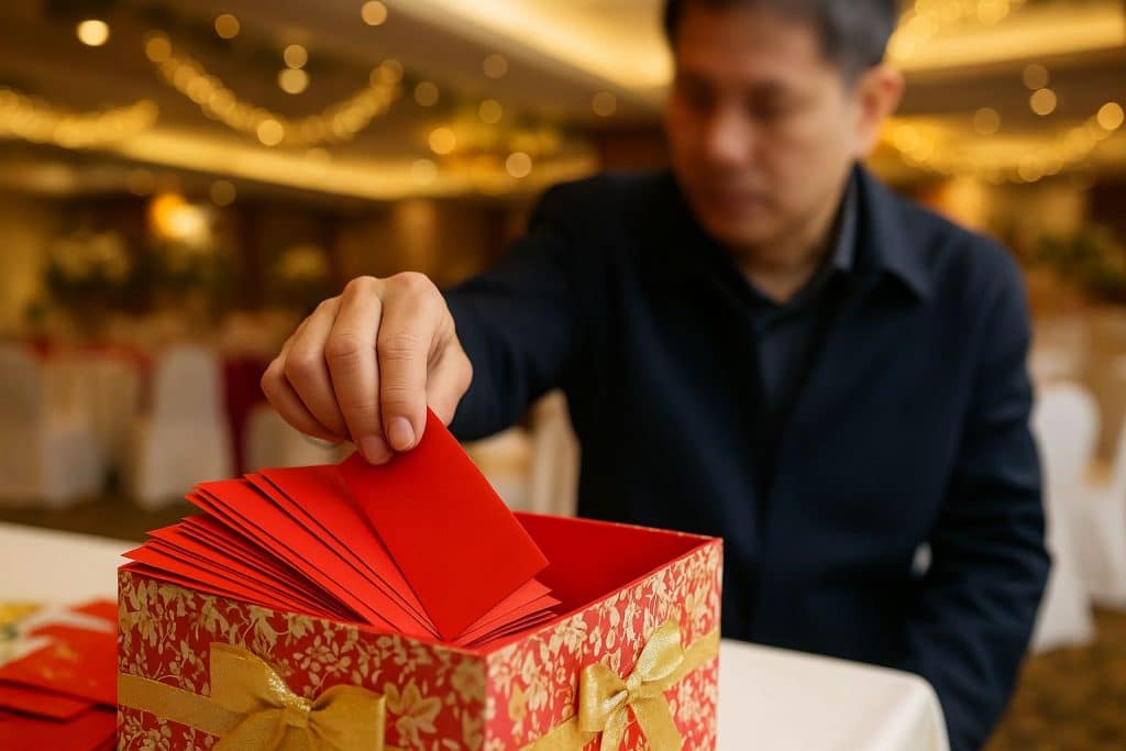 Main d’un homme déposant de l'argent dans une enveloppe rouges lors d'un mariage singapourien