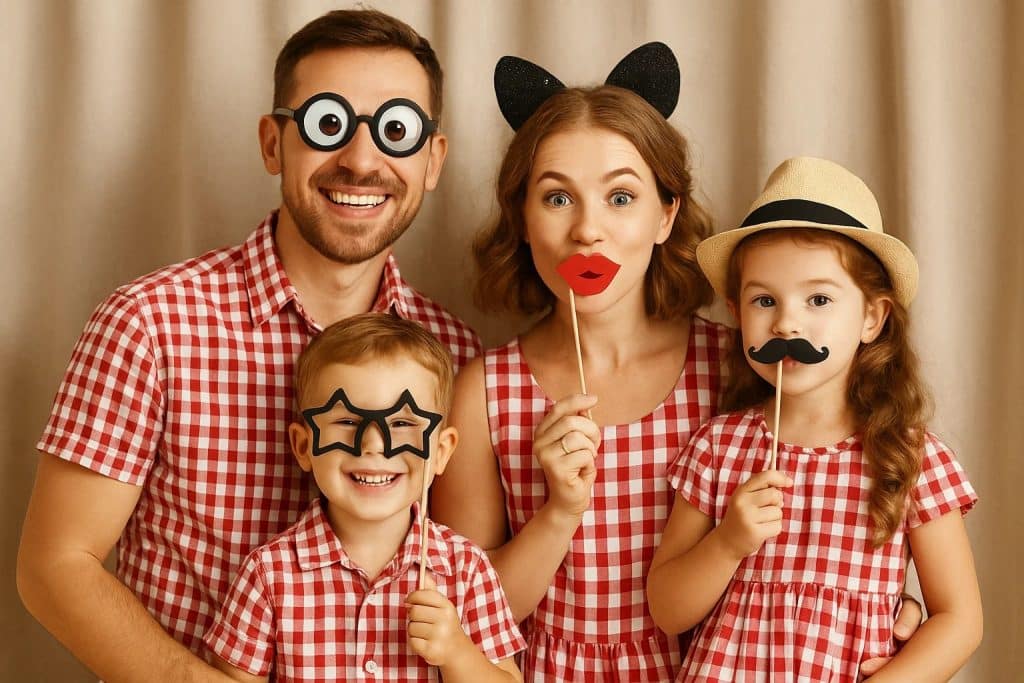 accessoires photobooth lunettes famille enfants parents tenue vichy rouge carreaux chapeau oreilles rigolo