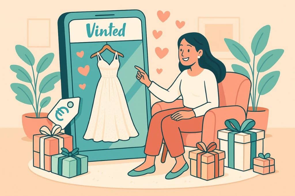 Illustration stylisée d'une femme découvrant une robe de mariée vintage sur une application mobile géante, entourée de paquets cadeaux et d’icônes de prix et de cœurs, dans une ambiance cosy et pastel