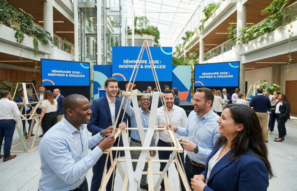 Groupe de collaborateurs souriants et engagés lors d'une animation créative de séminaire d'entreprise dans un lieu moderne.