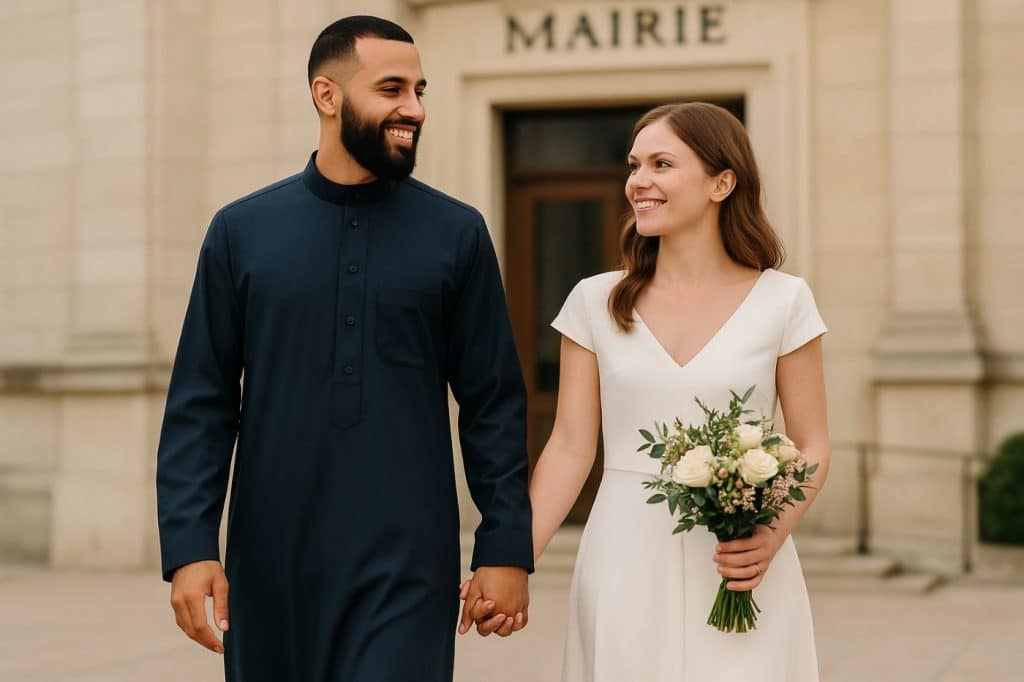 Couple mixte musulman et chrétienne sortant de la mairie main dans la main mariage civil et Nikah
