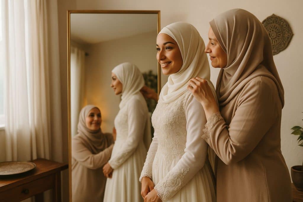 Jeune mariée musulmane essayant son caftan avec sa mère ajustant le voile préparation Nikah