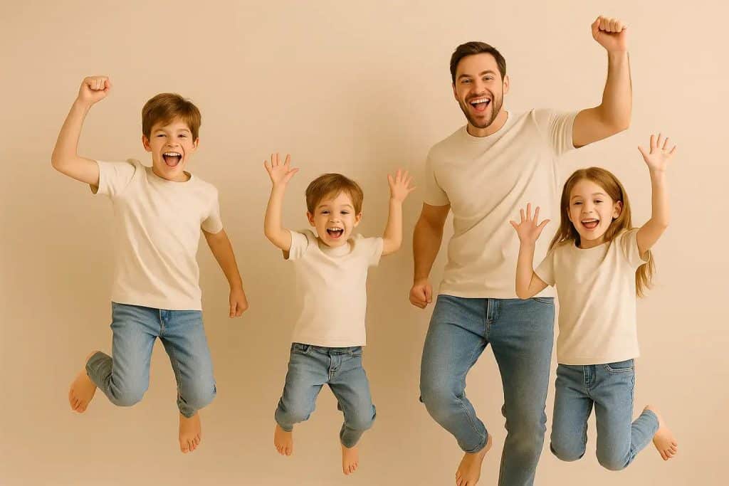 papa et les enfants sautent pour prendre une photo en l'air poings et mains levés jean tshirt tenue casual