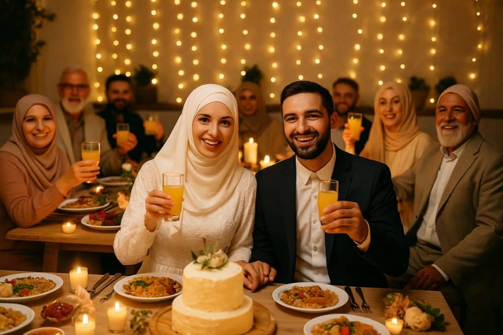 Cérémonie et repas de mariage musulman couple et famille trinquant pendant la fête Nikah