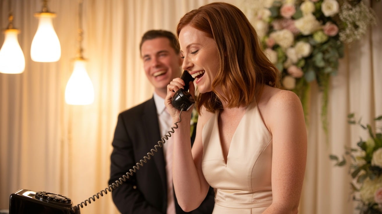 livre or audio vocal vintage avec fil téléphone mariés femme rigole drôle message