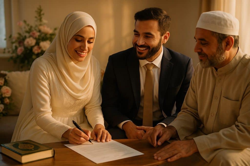 Couple musulman signant le contrat de Nikah devant un Imam mariage islamique traditionnel