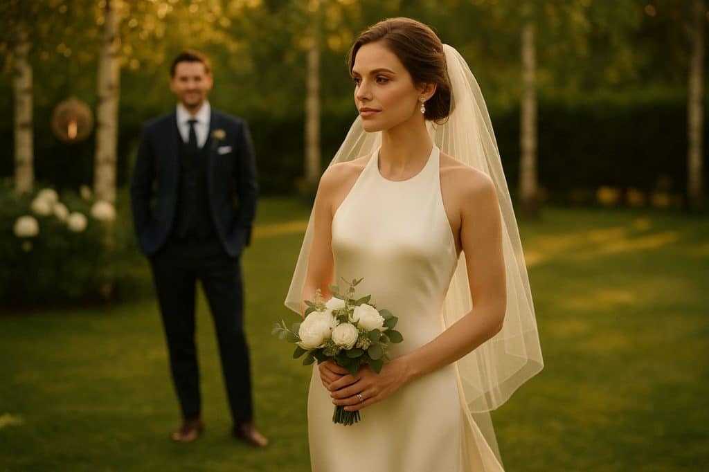 Mariée élégante en robe de mariée vintage Ralph Lauren, dans un jardin scandinave au coucher du soleil, observée par son mari en costume bleu nuit