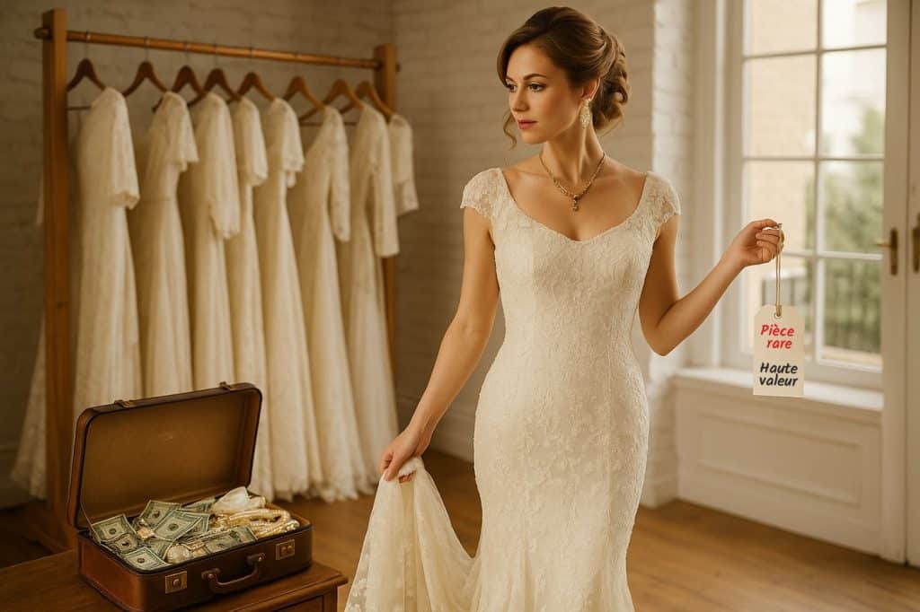 Mariée en robe de mariée vintage en dentelle ivoire, posant dans un atelier de couture chic, entourée de robes suspendues et d’une valise remplie de bijoux et billets, symbolisant la valeur d’une robe de mariage bien conservée.