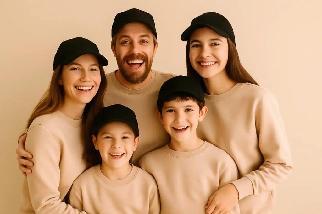 selfie famille photo beige parents enfants tenue casual nude chair marron casquette noire photo