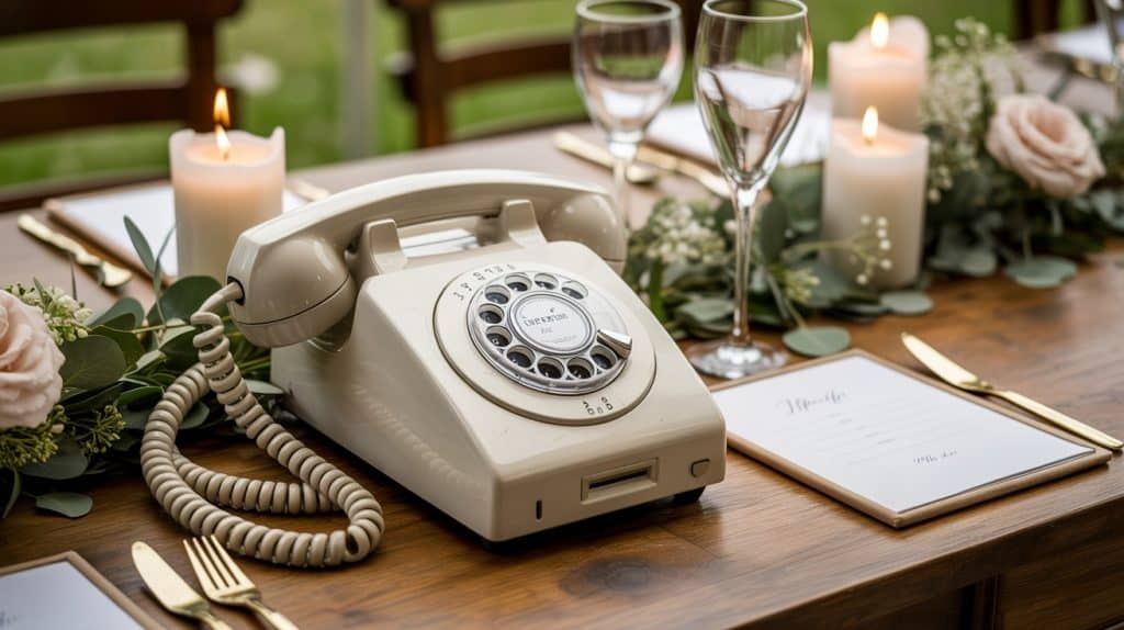 téléphone rétro vintage à cadran rond livre audio mariage posé sur une table