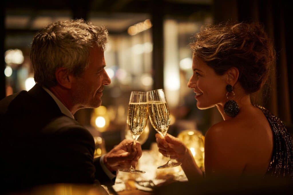 toast champagne restaurant couple 50 ans homme femme chic