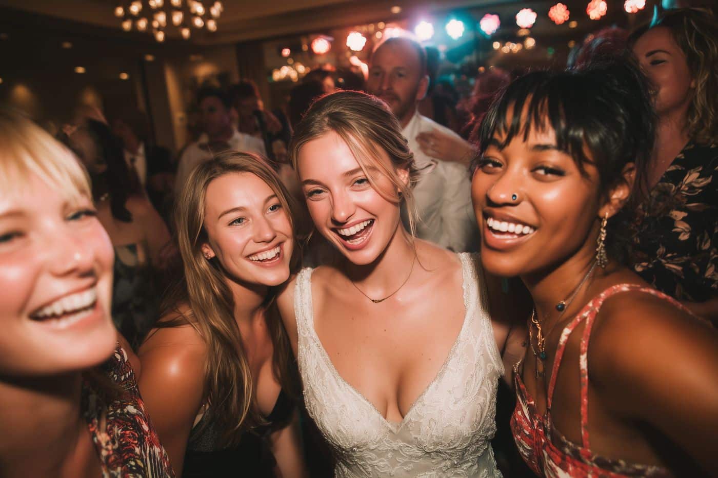 selfie photo mariage invitées et mariée soirée selfie ambiance joyeuse