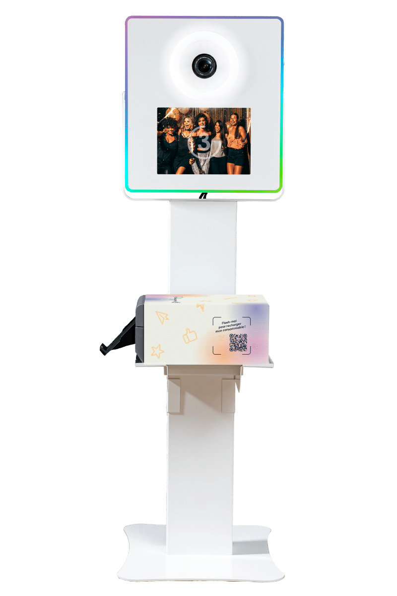 Borne photobooth Smakk blanche avec anneau lumineux et imprimante intégrée