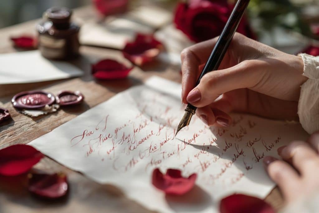 lettre romantique manuscrite message amour phrases pétales rose rouge stylo plume