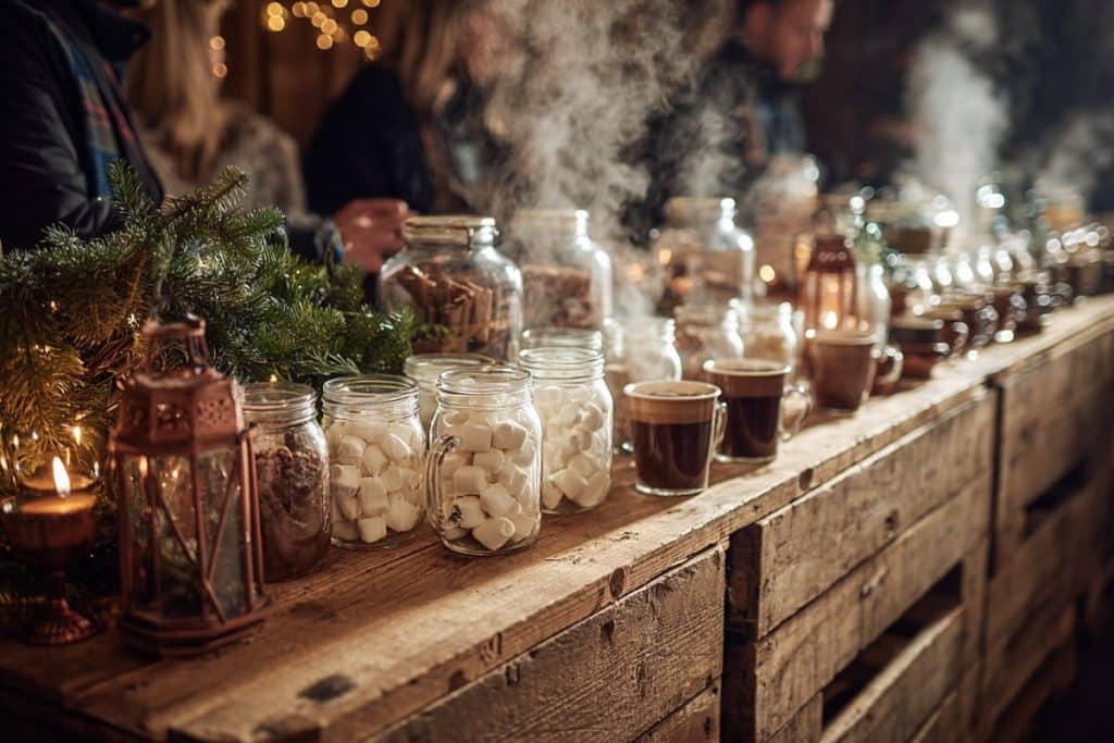Bar à boissons chaudes pour mariage d'hiver avec chocolat chaud, vin chaud, guimauves et décoration en bois rustique avec guirlandes lumineuses
