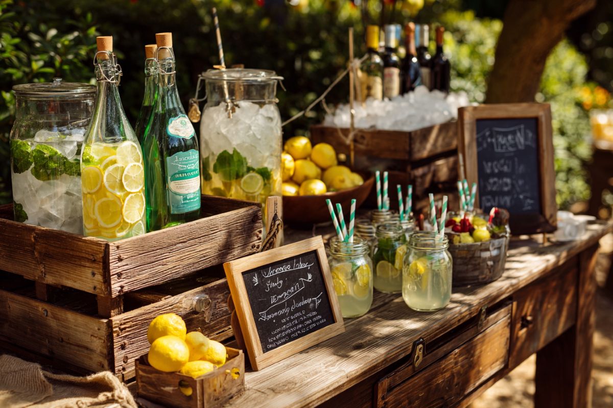 Bar à boissons installé en extérieur pour une garden party, idéal pour un bar à cocktails sans alcool DIY