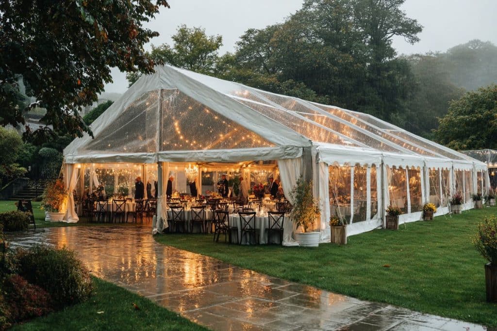 Barnum élégant installé dans un jardin pour protéger les invités d'une garden party en cas de pluie