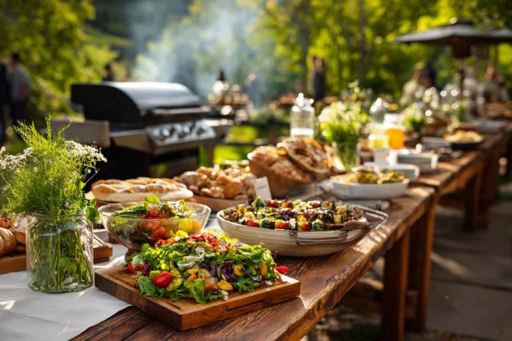 Buffet de garden party avec bar à salades colorées et barbecue en arrière-plan dans un jardin