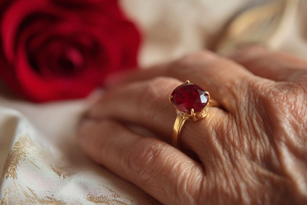 Main de femme portant une bague en or et rubis, idée cadeau traditionnelle pour célébrer les noces de rubis.