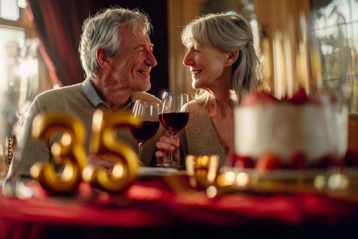 Couple marié depuis 35 ans trinquant joyeusement lors de leur fête d'anniversaire de noces de rubis dans un salon élégant