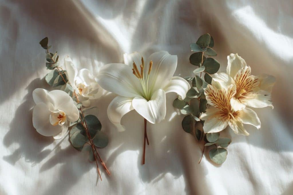 Composition élégante fleurs blanches de lys blanc, orchidée et hémérocalle symbolisant l'amour durable 20 ans mariage anniversaire noces de porcelaine