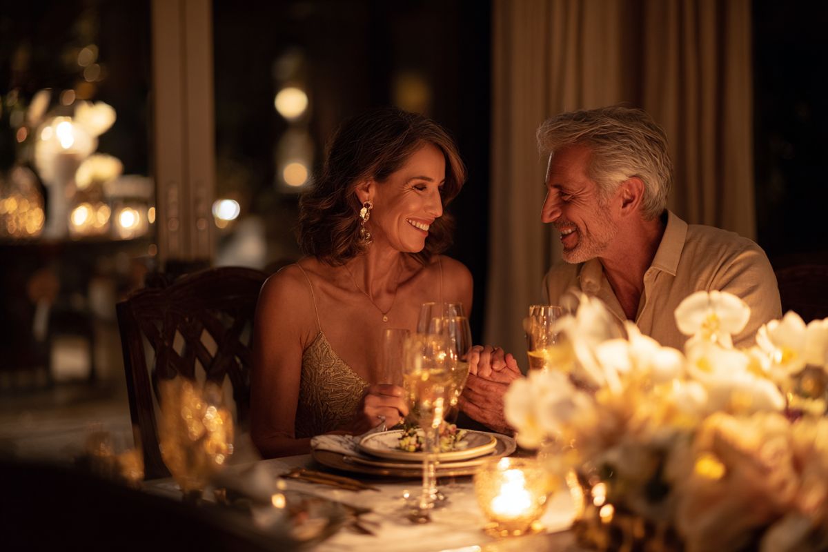 Couple célébrant leurs 20 ans de mariage avec élégance autour d'une table décorée de porcelaine blanche et bougies