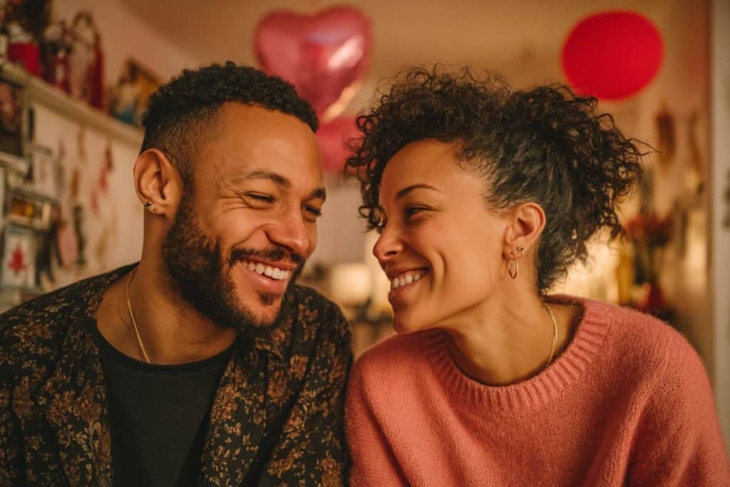 Couple complice riant ensemble en partageant des messages d'amour drôles pour la Saint-Valentin