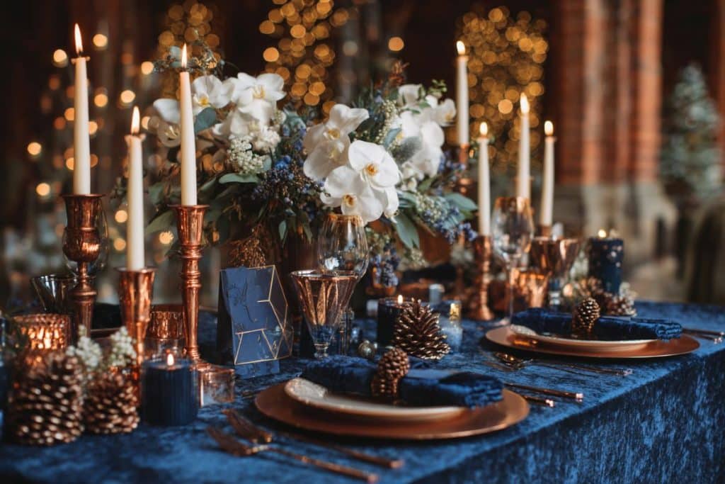 Décoration de table de mariage élégante aux couleurs bleu nuit et cuivre pour un mariage d'hiver féerique