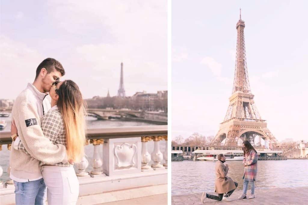 couple amoureux paris bisou vue tour eiffel demande mariage à genoux quai de seine
