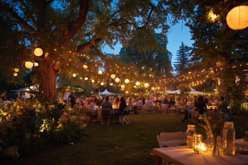 Éclairage féerique de garden party en soirée avec guirlandes lumineuses et lanternes dans les arbres