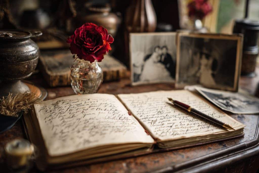 Lettre manuscrite et album photo de mariage vintage sur un bureau, illustrant la rédaction de vœux pour les noces de rubis
